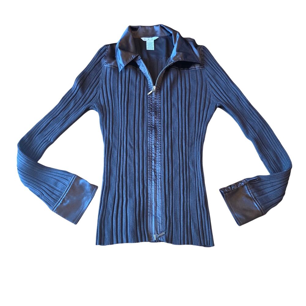 CAbi Brown Ribbed Knit Zip-Up Sweater/Jacket Silk Lined Size Large